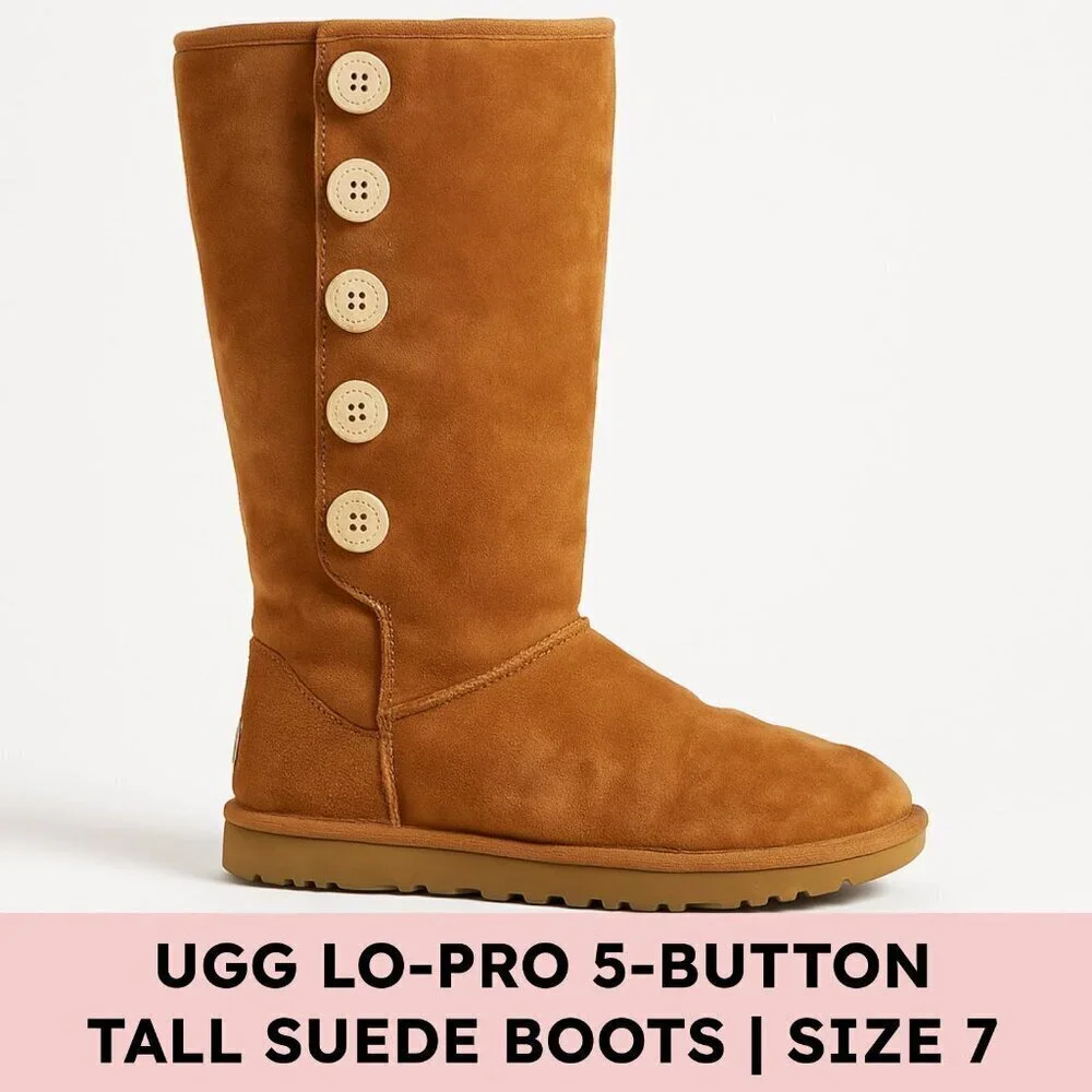 UGG Australia Lo Pro 5 Button Tall Suede Boots Tan Size 7